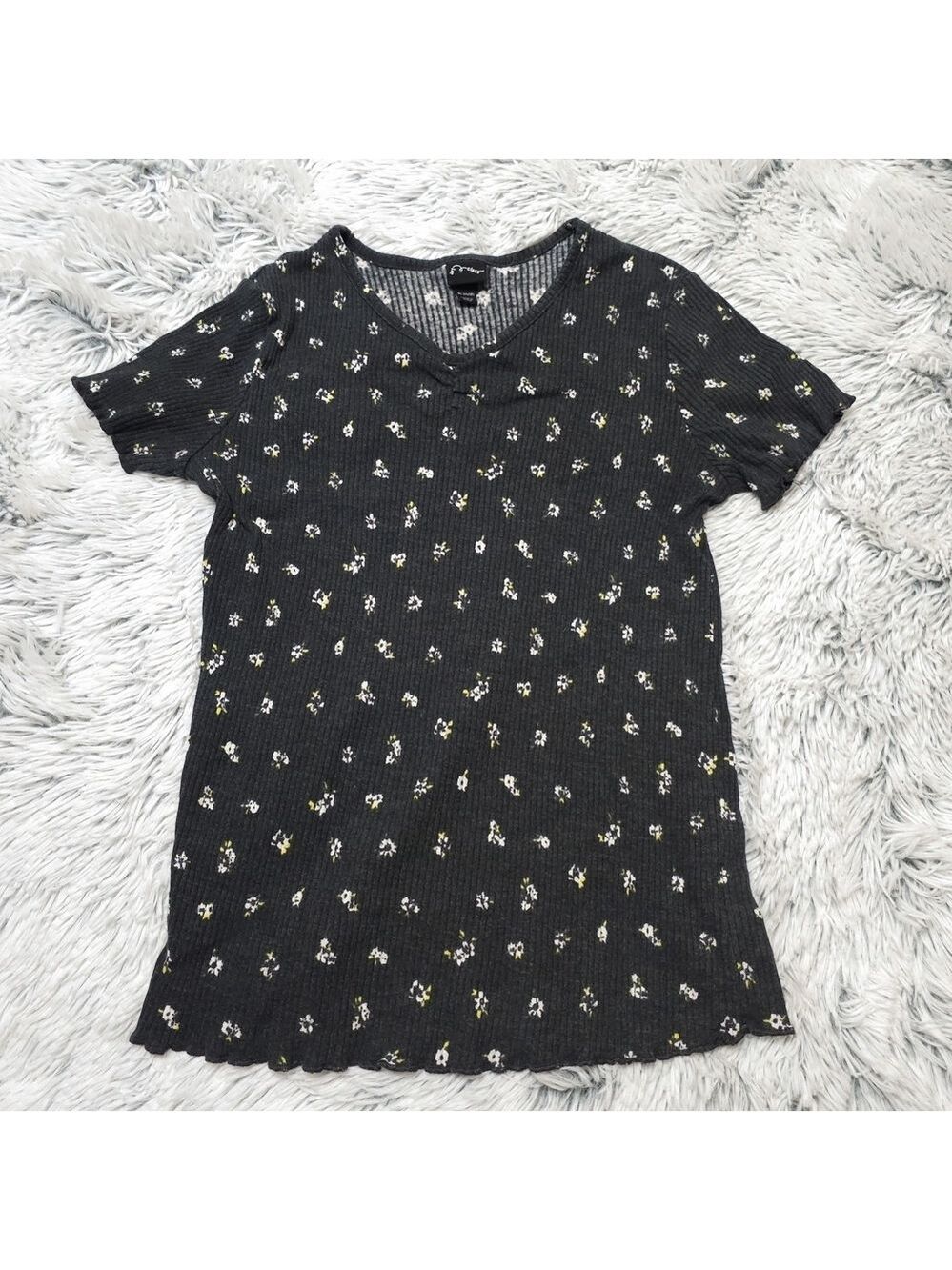 Art Class Dark Grey Floral Short Sleeve Ribbed Tee size XL (14-16)